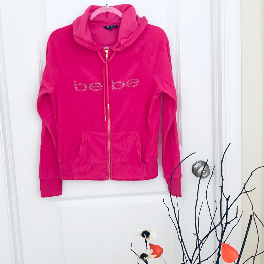 Bebe rhinestones zipper hoodie hot pink